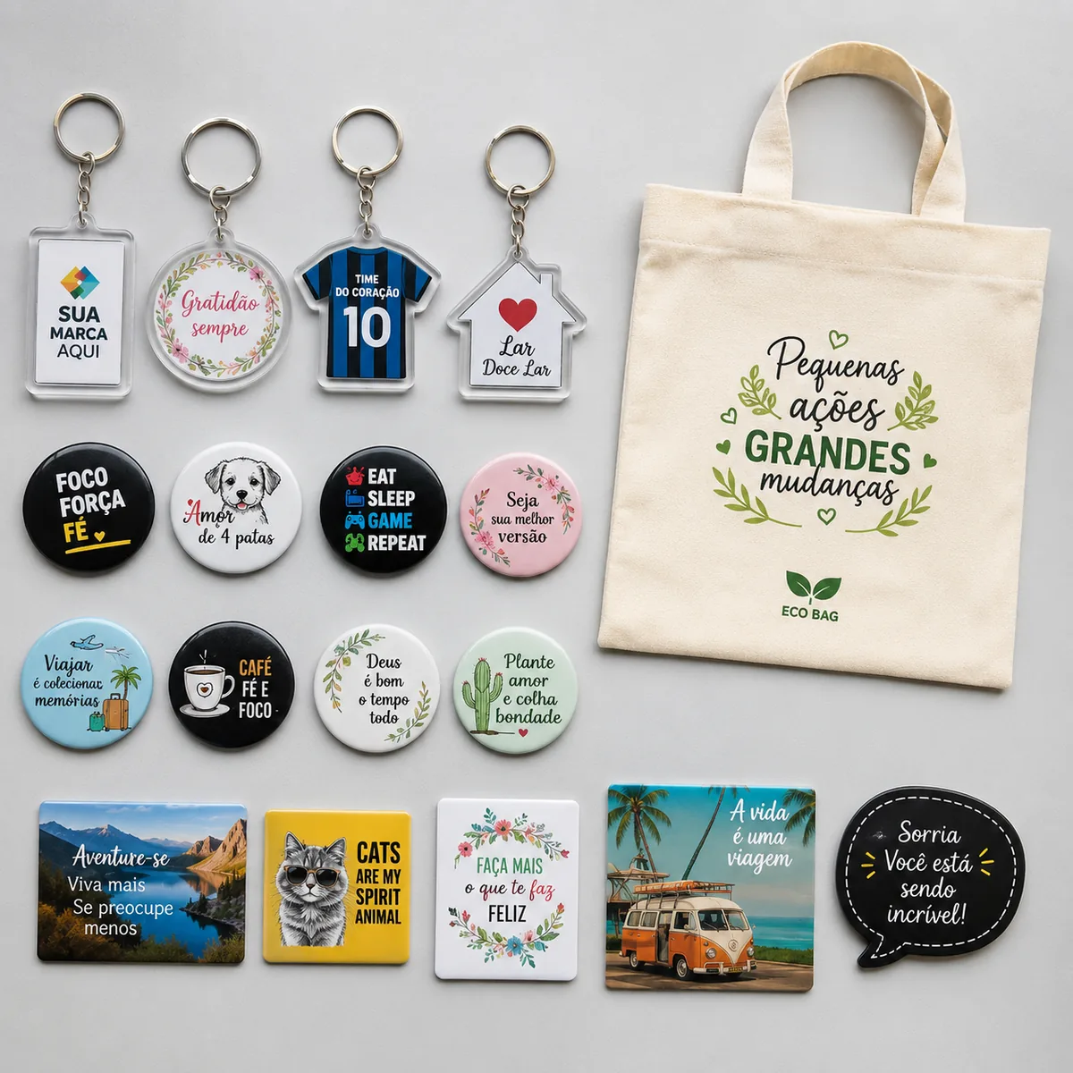 Brindes personalizados: chaveiros, buttons, ecobags e ímãs