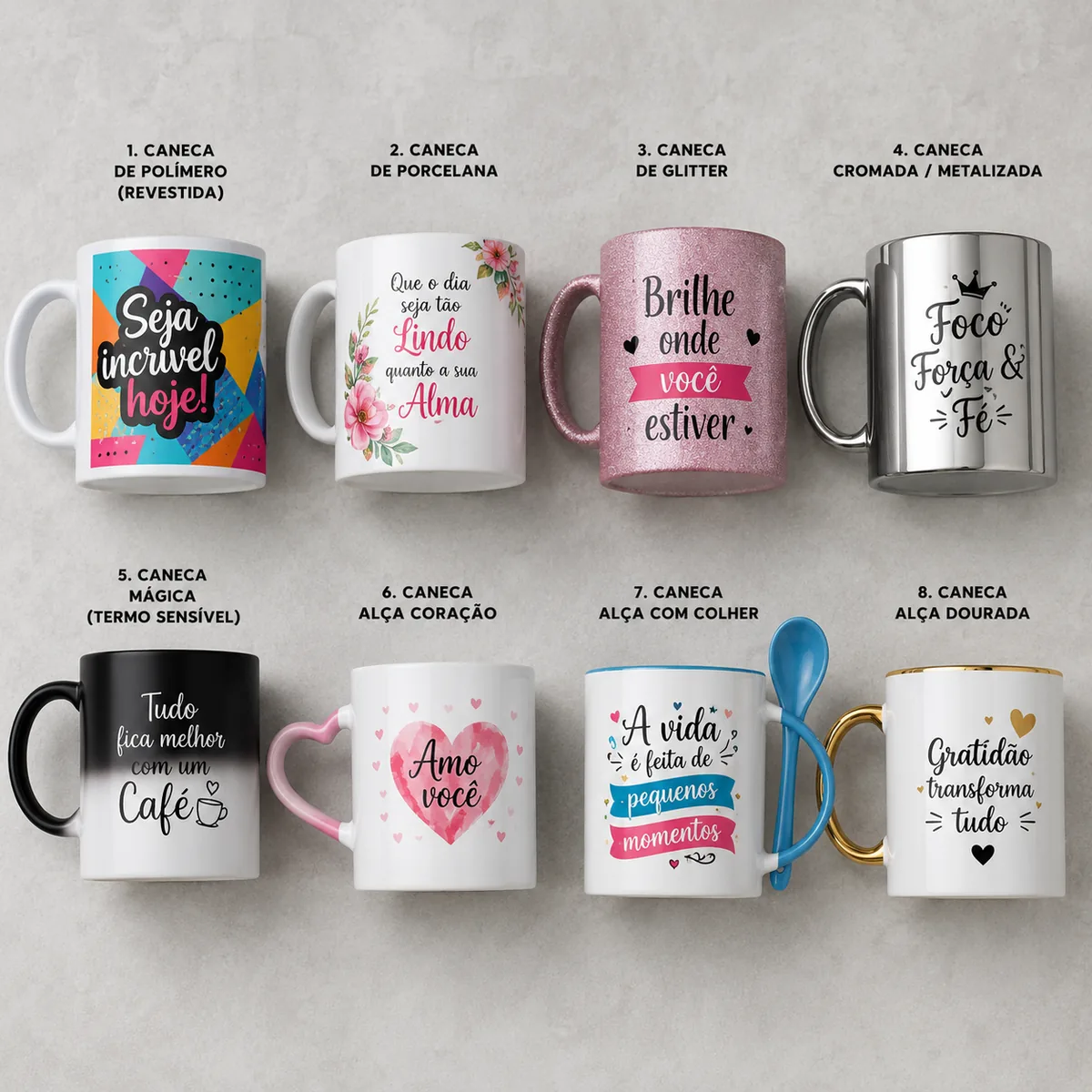 Canecas personalizadas em polímero, porcelana, glitter e alças especiais